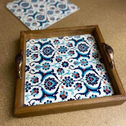 Ceramic Wooden Tray Turkish Iznik Design Pattern..