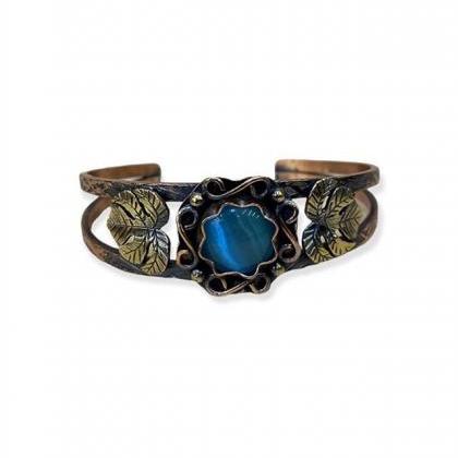 Blue Chrysoberyl Cat Eye Copper Bangle Bracelet..