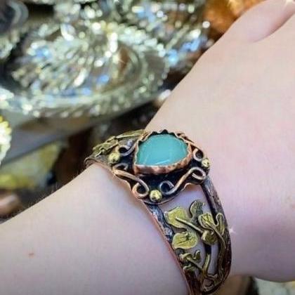 Blue Chrysoberyl Cat Eye Copper Bangle Bracelet..