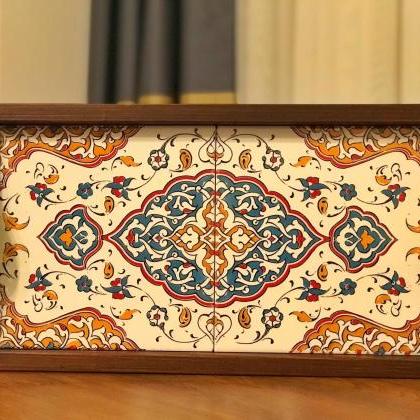 Large Ceramic Wooden Trayturkish Iznik Handmade..