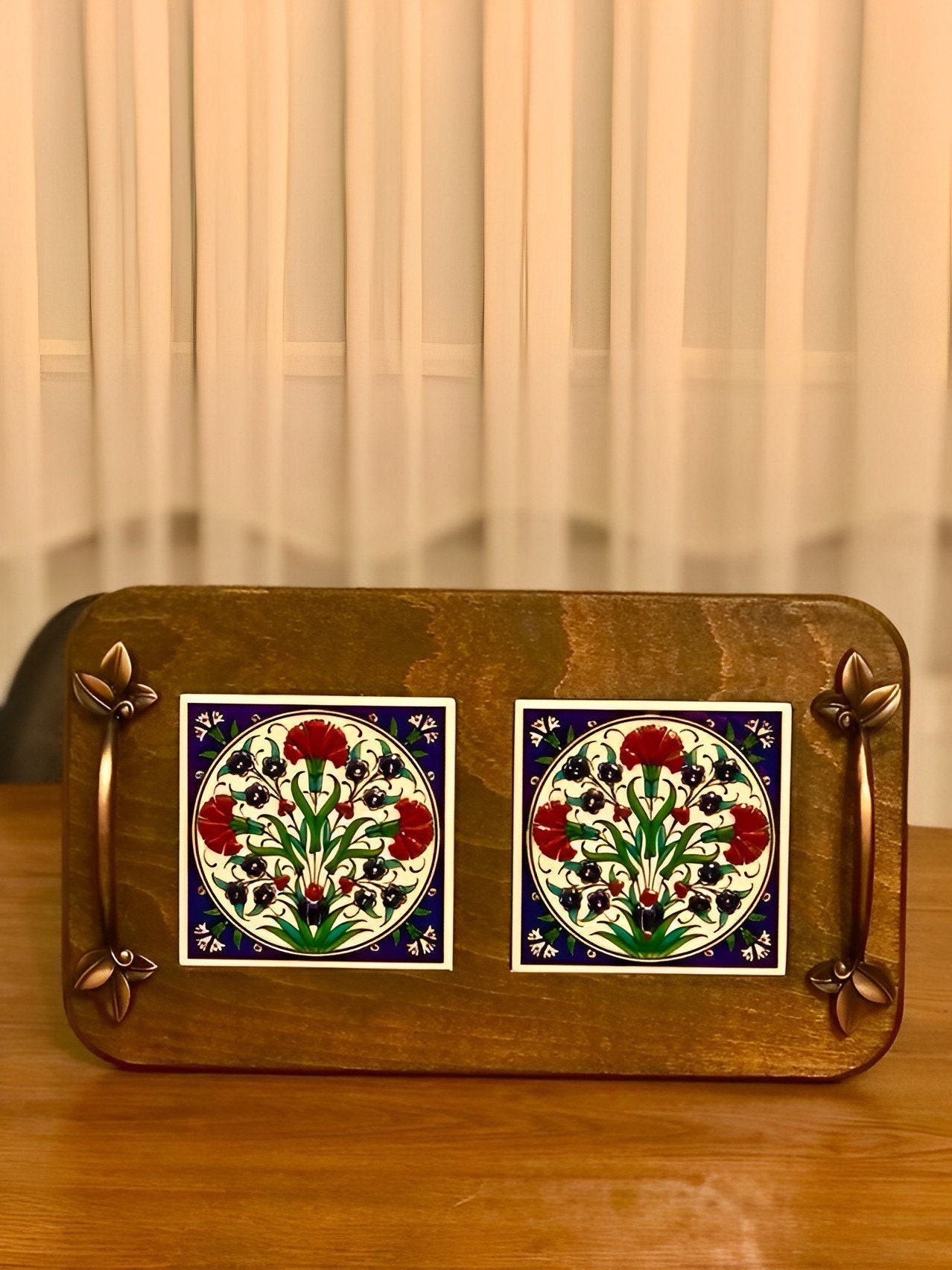 Glazed Ceramic Wooden Tray Turkish Iznik Handmade Design Pattern-Ottoman style Art Ceramic | Coffee Table Tray Hand Painted |Home Decor