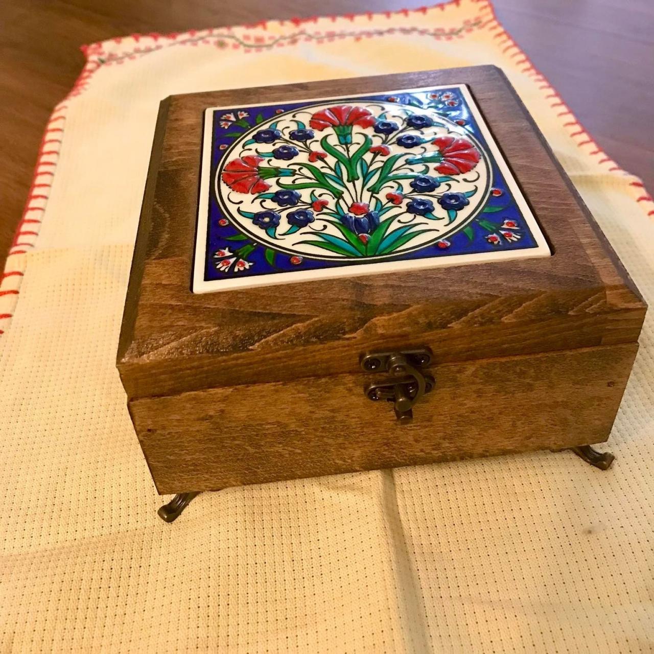 Turkish Iznik Handmade Pattern Glazed Ceramic Wooden Jewelry Box - Ottoman Style Art Ceramic Tile Lid -mahogany Box,|traditional Keepsake