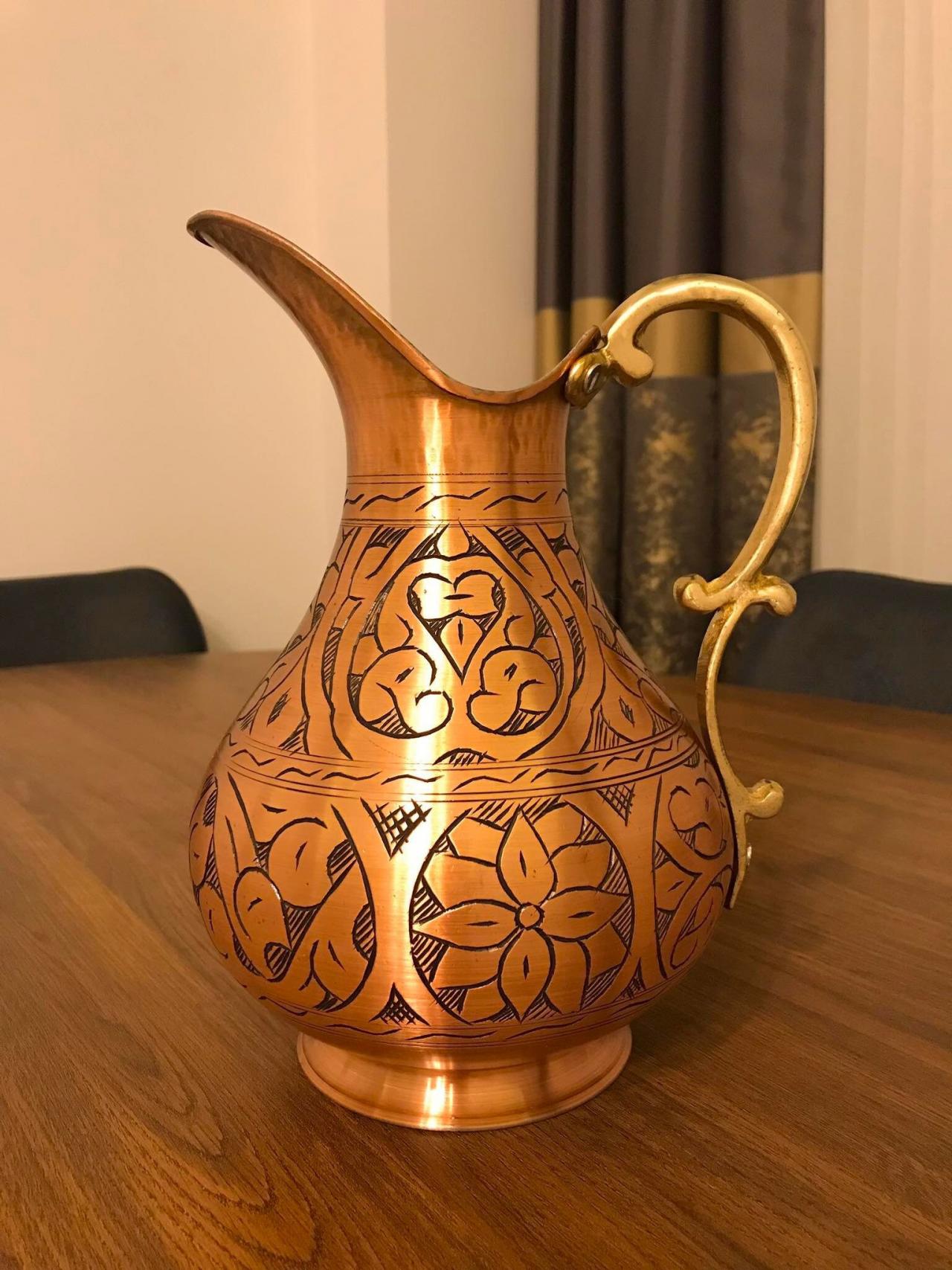 Heavy Copper Water Pitcher,jug Vessel Vase |engraved Solid Lined Traditional %100 Handmade Hammered