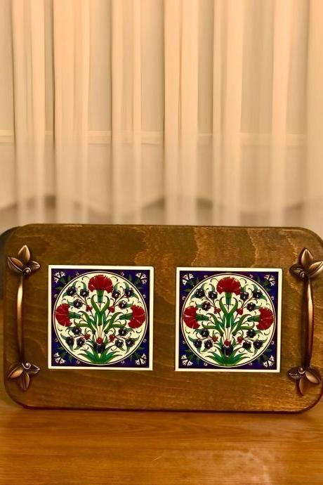 Glazed Ceramic Wooden Tray Turkish Iznik Handmade Design Pattern-ottoman Style Art Ceramic | Coffee Table Tray Hand Painted |home Decor
