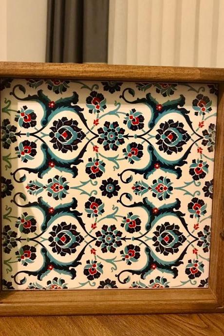 Ceramic Wooden Tray Turkish Iznik Design Pattern -ottoman Style Art Ceramic | Coffee Table Tray Wooden Tray Hand Painted |home Decor