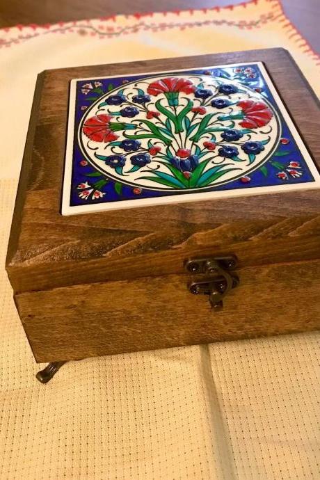 Turkish Iznik Handmade Pattern Glazed Ceramic Wooden Jewelry Box - Ottoman style Art Ceramic Tile Lid -Mahogany Box,|Traditional Keepsake