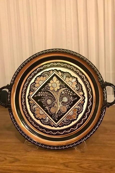 Turkish Erzincan Copper Serving Tray Premium Handmade Thick Embroidered Round , Large Tray,%100 Copper, Coffee Tray, Ottoman Style