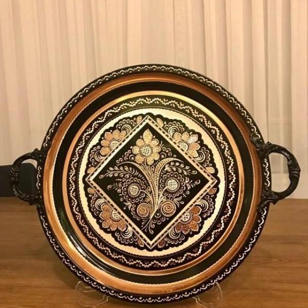 Turkish Erzincan Copper Serving Tray Premium Handmade Thick Embroidered Round , Large Tray,%100 Copper, Coffee tray, Ottoman Style