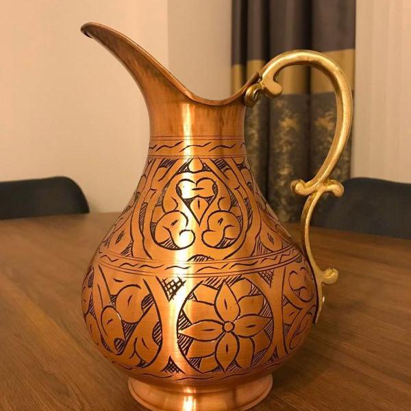 Heavy Copper Water Pitcher,Jug Vessel Vase |Engraved Solid lined Traditional %100 Handmade Hammered
